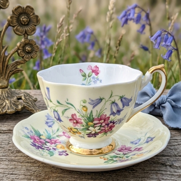 Queen Anne Other - Queen Anne Yellow Bluebell Wildflower Bone China Tea Cup Saucer Gold Gilt Duo UK